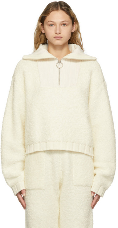SJYP Off-White Bouclé Knit Half-Zip Sweater in ivory