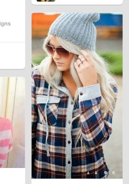 jacket flannel sweater fall outfits winter outfits plaid hat beanie blue brown grey clothes