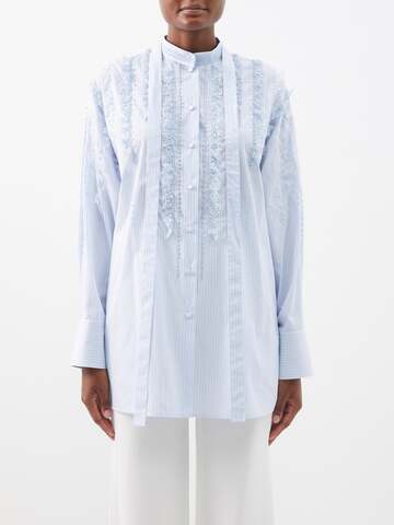 valentino - embroidered ruffled striped cotton-poplin blouse - womens - light blue