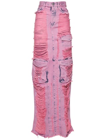 GCDS Frayed Denim Cargo Long Skirt in pink