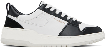 ferragamo black & white low cut gancini outline sneakers in nero / bianco