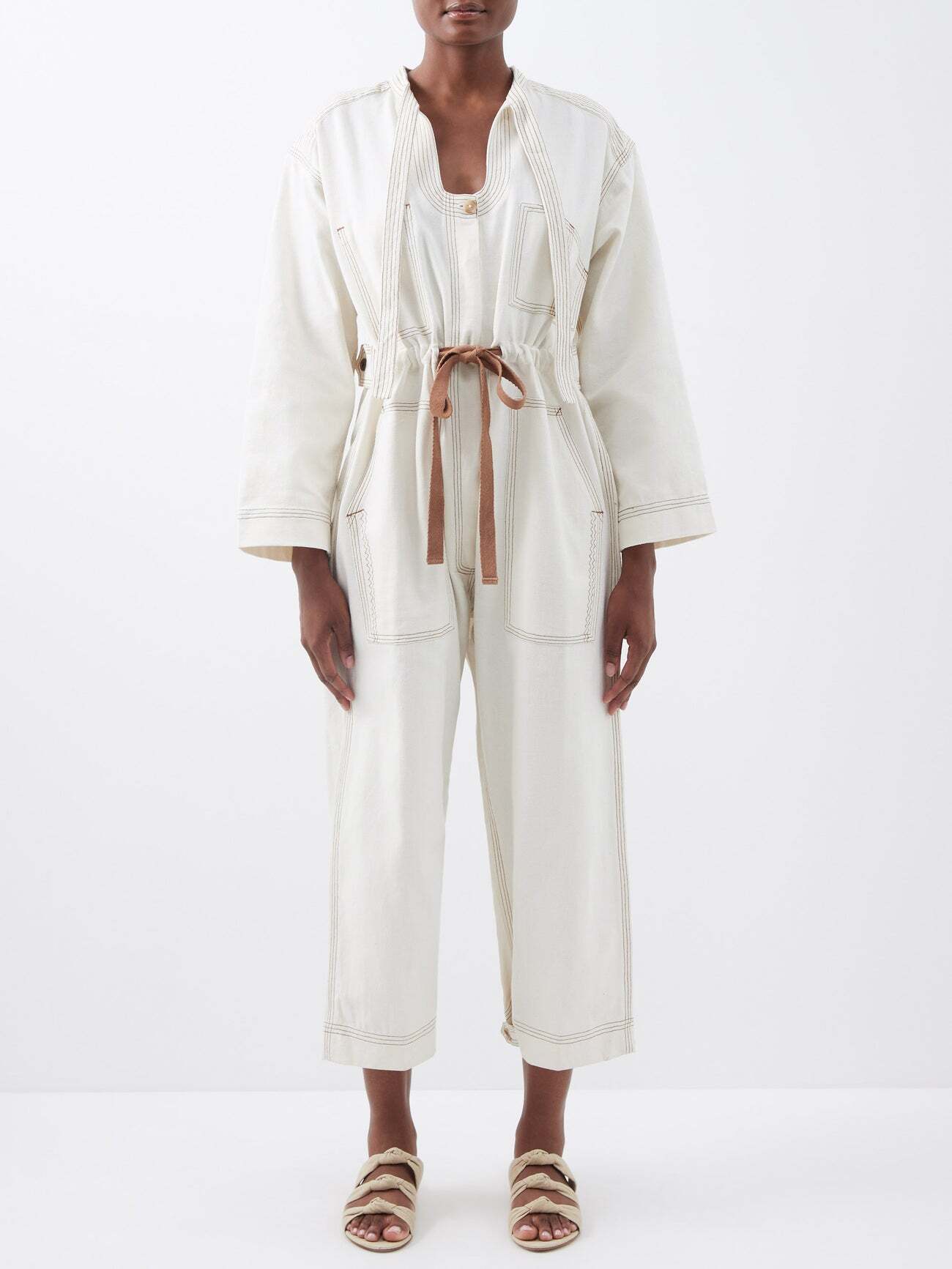 Wiggy Kit - Chelsea Belted Cotton-canvas Jumpsuit - Womens - White Brown
