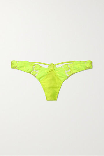 fleur du mal - rose embroidered tulle and silk-blend satin thong - yellow