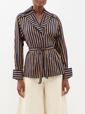 Palmer/harding Palmer//harding - Inhale Belted Striped Organic-cotton Shirt - Womens - Navy Yellow