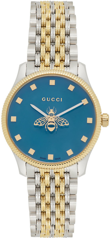 Gucci Silver & Gold Bee G-Timeless Watch in blue / yellow