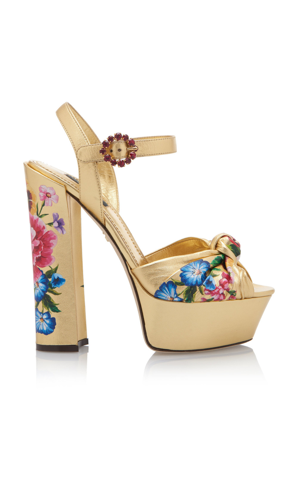 Dolce & Gabbana Knotted Floral-Print Metallic Leather Platform Sandals ...