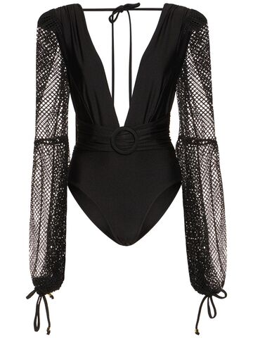 patbo plunge neck mesh bodysuit in black