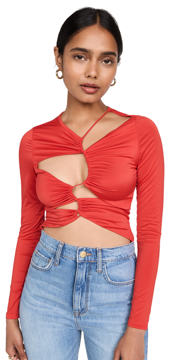 AFRM Brami Asymmetrical Cut Out Thong Bodysuit in red