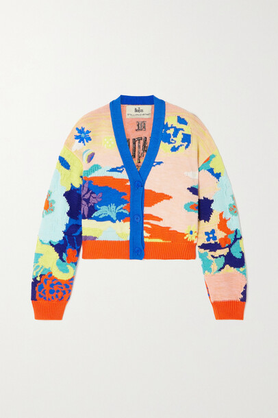 Stella McCartney - + The Beatles Get Back Cropped Embroidered Intarsia Cotton Cardigan - Blue