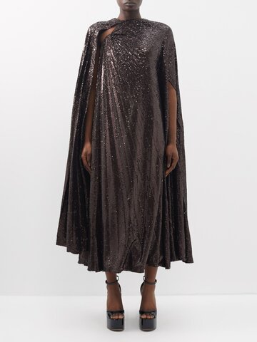 valentino - sequinned tulle caped gown - womens - brown