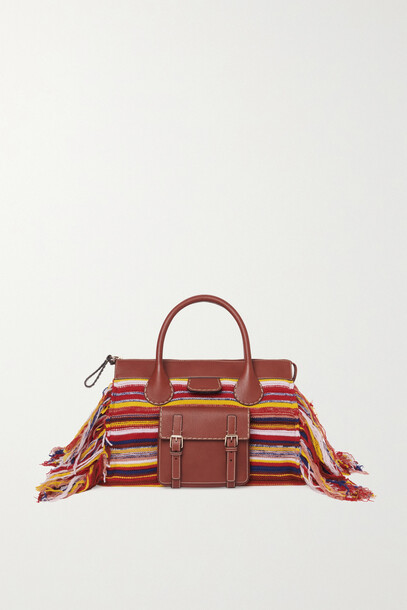 Chloé Chloé - Edith Large Fringed Striped Recycled Cashmere And Leather Tote - Red