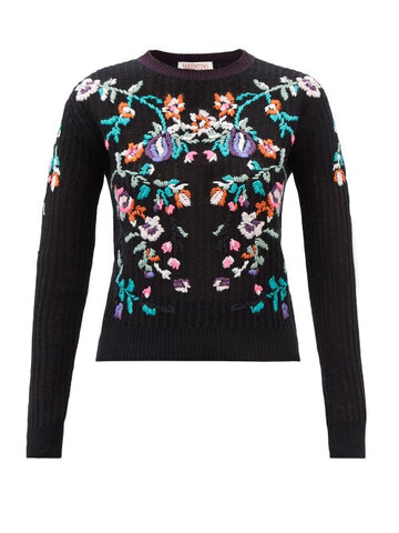 valentino - floral-embroidery virgin-wool sweater - womens - black multi