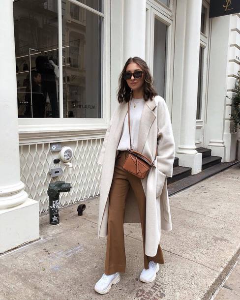pants, flare pants, brown, high waisted pants, white sneakers, long ...