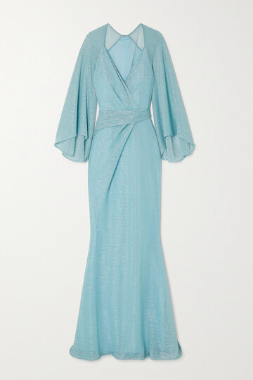 talbot runhof - wrap-effect metallic voile gown - blue