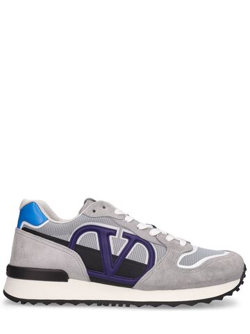 valentino garavani logo leather low top sneakers in blue / grey