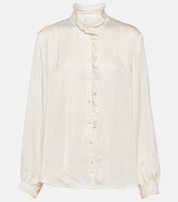 velvet ruffled satin blouse in neutrals