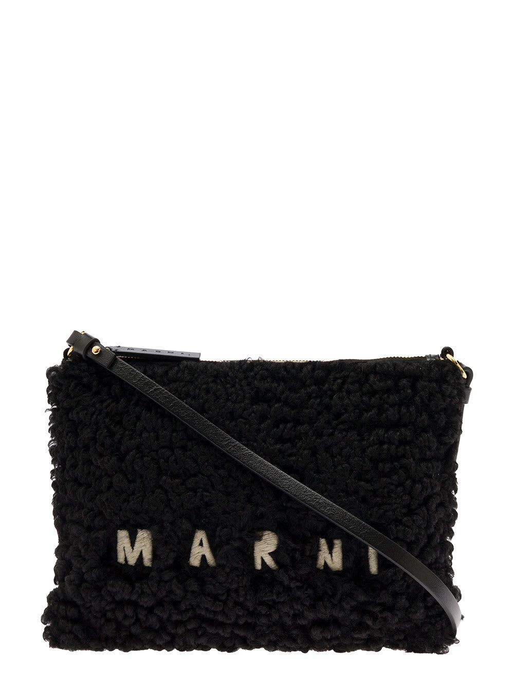 Black Sheepskin And Leather Crossbody Bag With Logo Marni Woman