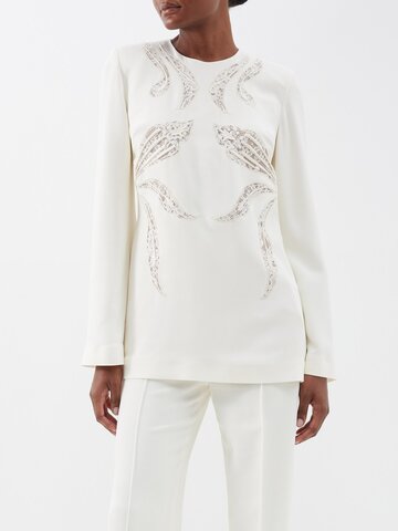 elie saab - floral lace-insert crepe blouse - womens - ivory