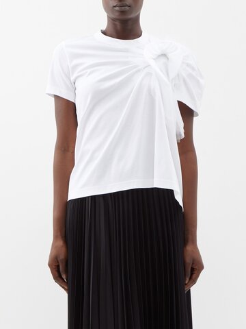 noir kei ninomiya - ruffled tulle cotton t-shirt - womens - white
