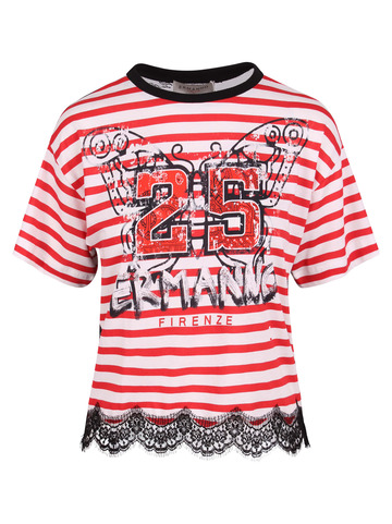 Ermanno Firenze Lace Details Cotton T-shirt in red / white