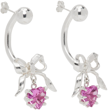 MGN SSENSE Exclusive Silver Bow & Heart Belly Ring Earrings in pink