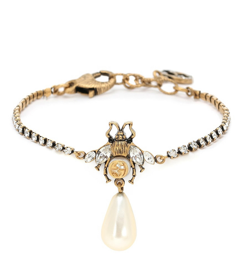Gucci Bee crystal bracelet with faux pearl in gold