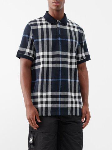 burberry - short-sleeved check-jacquard cotton polo shirt - mens - blue white