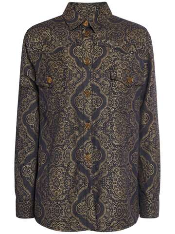 etro printed cotton & linen long sleeve shirt in gold / grey