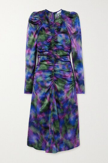 ganni - ruched printed stretch organic silk-satin midi dress - purple