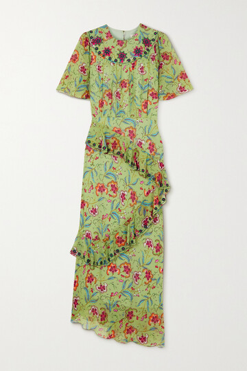 saloni - vida ruffled embroidered printed silk-chiffon midi dress - green