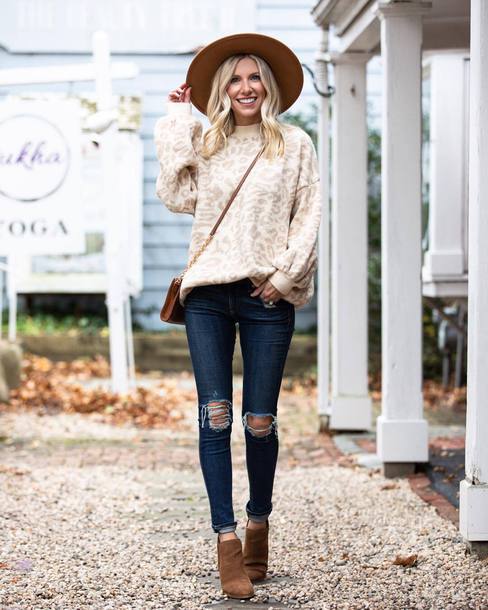 sweater, oversized sweater, leopard print, ankle boots, brown boots ...