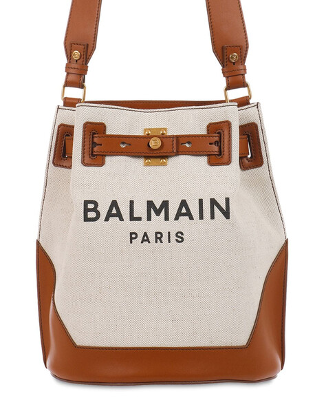 BALMAIN B-army Logo Canvas & Leather Bucket Bag in brown