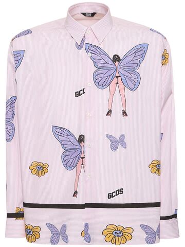 gcds butterfly logo cotton poplin shirt in pink