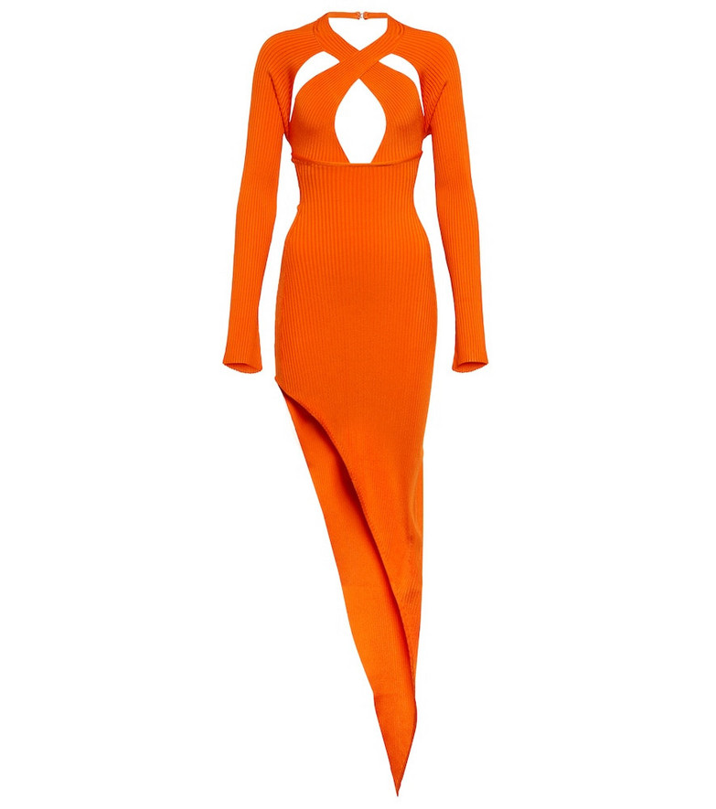 David Koma Ribbed-knit cutout midi dress in orange