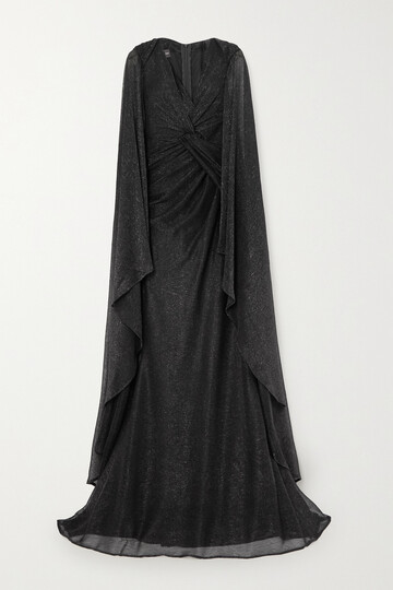 talbot runhof - cape-effect metallic knitted gown - black