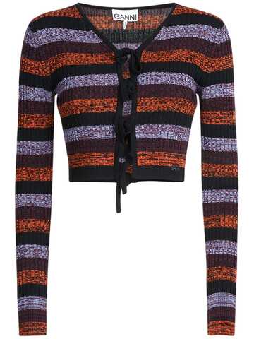 ganni striped rib knit wool crop cardigan