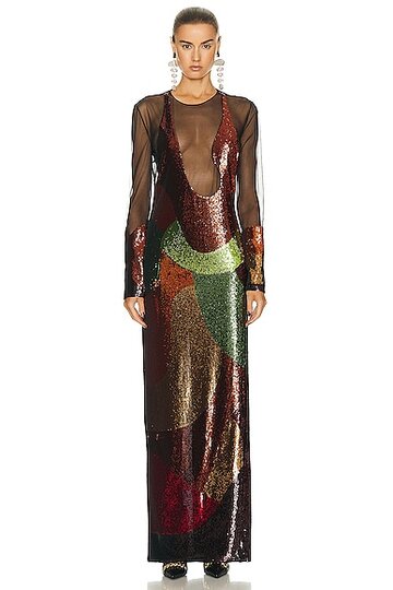 tom ford sequins anatomical long sleeve evening dress in multi