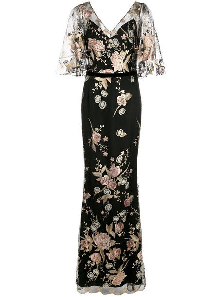 Marchesa Notte cape sleeve floral embroidered mermaid gown in black