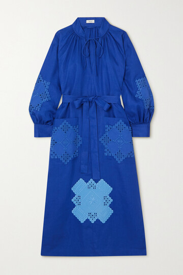 oroton - belted appliquéd linen midi dress - blue