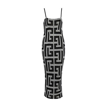 Balmain Long dress with thin straps in monogrammed jersey in black