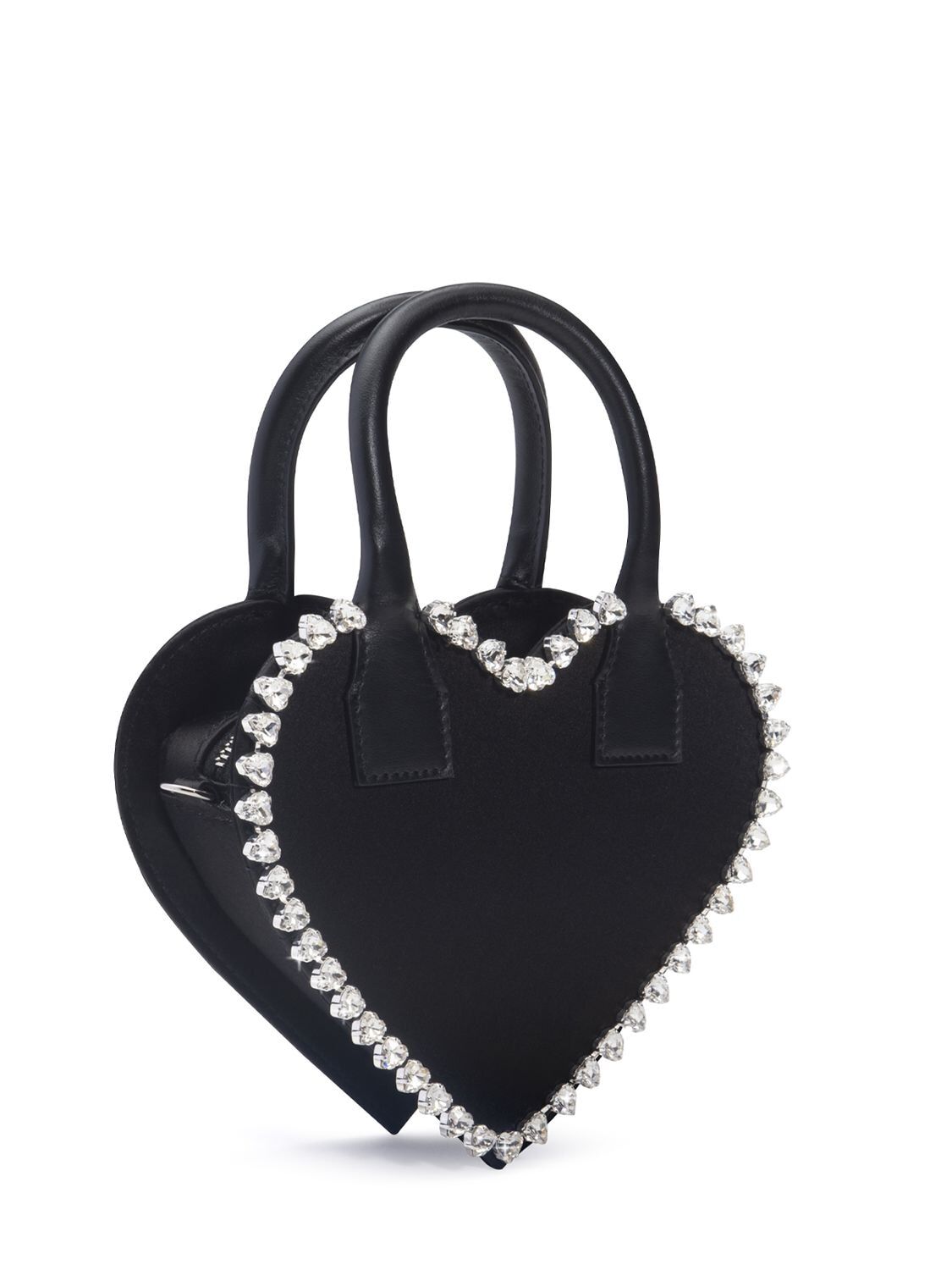 MACH & MACH Small Audrey Heart Satin Top Handle Bag in black