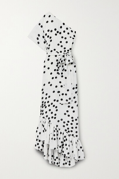 Monique Lhuillier - One-shoulder Belted Ruffled Polka-dot Crepe Gown - White