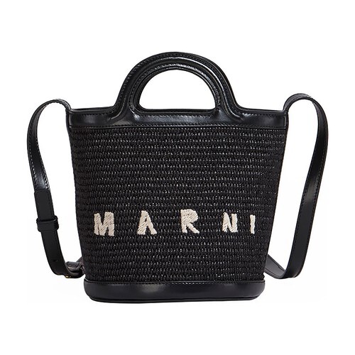 Marni Tropicalia raffia and black leather mini bucket bag