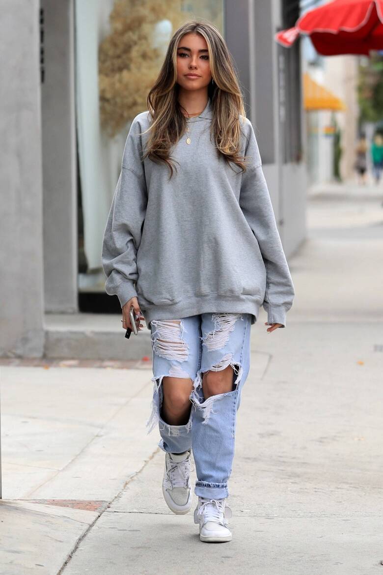 sweater casual streetstyle grey sweater madison beer ripped jeans jeans spring outfits