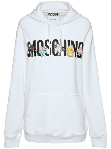 MOSCHINO Logo Printed Cotton Jersey Hoodie in white