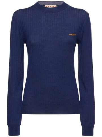 marni embroidered logo wool & silk sweater in navy