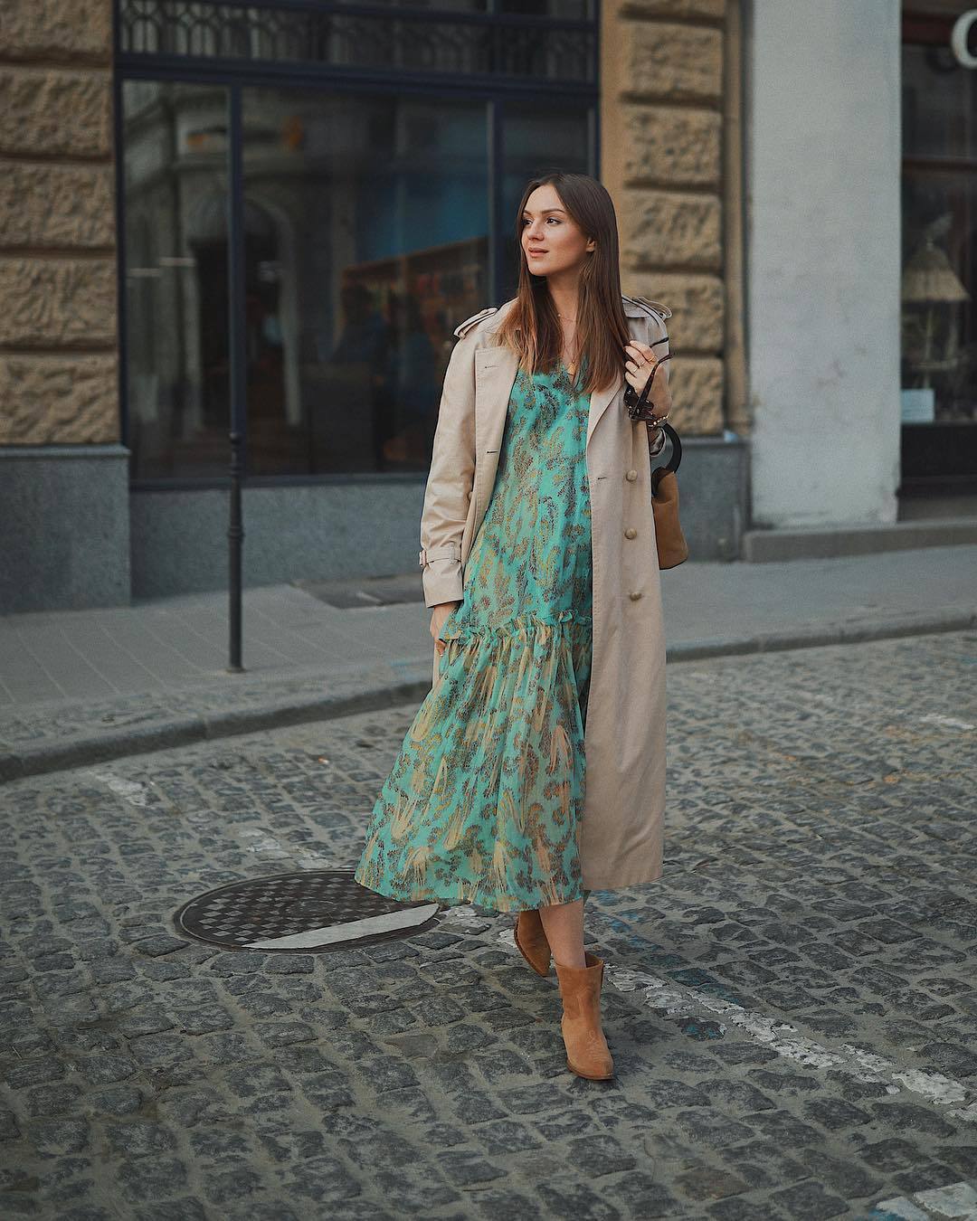 dress, midi dress, green dress, ankle boots, brown boots, trench coat ...