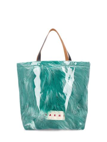 marni transparent fabric faux fur tote bag in green