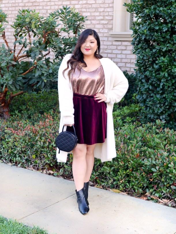 blogger, curvy girl chic - plus size fashion and style blog, cardigan, tank  top, skirt, shoes, bag, ankle boots, round bag, velvet skirt, white  cardigan - Wheretoget