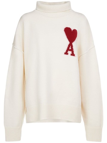 ami paris red ami de coeur wool turtleneck sweater in white
